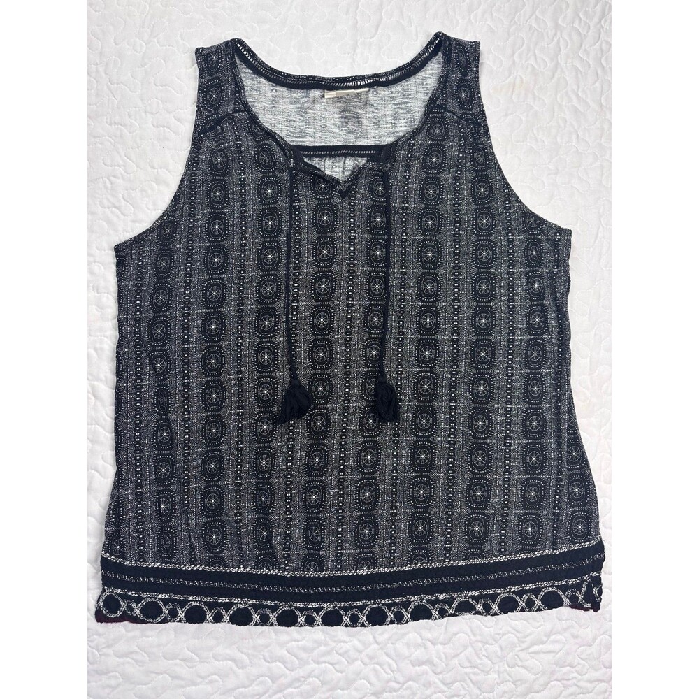 Style & Co Black White Boho Drawstring Embroidered Sleeveless Blouse size xl